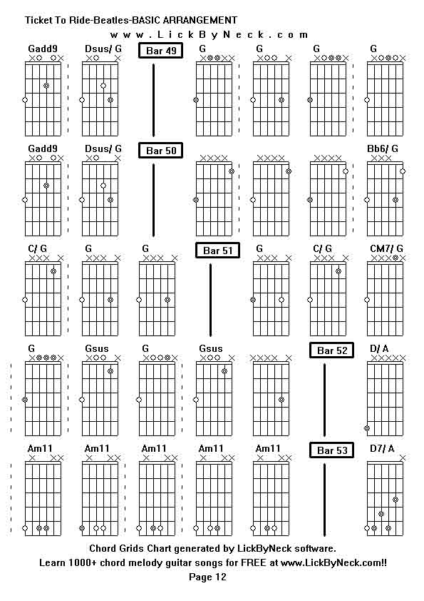 Chord Grids Chart of chord melody fingerstyle guitar song-Ticket To Ride-Beatles-BASIC ARRANGEMENT,generated by LickByNeck software.